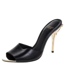 Pre Owned صندل سلايد فيرساتشي كعب مادوسا جلد أسود مقاس 37