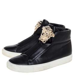 Pre Owned Versace Black Leather Palazzo Medusa High Top Sneakers Size 37