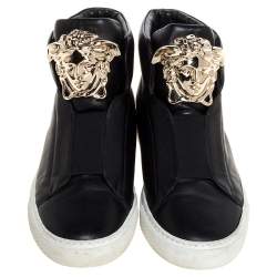 Pre Owned Versace Black Leather Palazzo Medusa High Top Sneakers Size 37