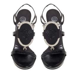 مملوكة مسبقًا Versace Black Leather Medusa Strappy Ankle Strap Sandals size 39