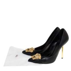 Pre Owned Versace Black Leather Medusa Pointed Toe Pumps Size 37.5