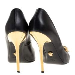 Pre Owned Versace Black Leather Medusa Pointed Toe Pumps Size 37.5