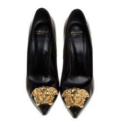 Pre Owned Versace Black Leather Medusa Pointed Toe Pumps Size 37.5