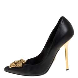 Pre Owned Versace Black Leather Medusa Pointed Toe Pumps Size 37.5