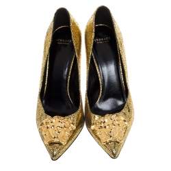 Pre Owned Versace Metallic Gold Textured Leather Medusa Pointed Toe Pumps Size 36