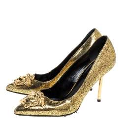 Pre Owned Versace Metallic Gold Textured Leather Medusa Pointed Toe Pumps Size 36