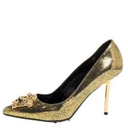Pre Owned Versace Metallic Gold Textured Leather Medusa Pointed Toe Pumps Size 36