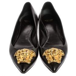 Pre Owned Versace Black Leather Medusa Ballet Flats Size 40