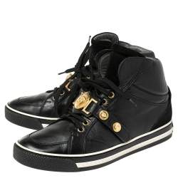 Pre Owned Versace Black Leather And Suede Medusa Strap High Top Sneakers Size 40