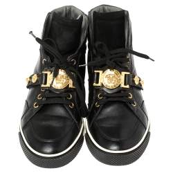 Pre Owned Versace Black Leather And Suede Medusa Strap High Top Sneakers Size 40