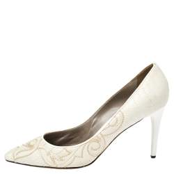 Pre Owned Versace White Embroidered Quilted Leather Pointed Toe Pumps Size 39