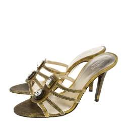 مملوكة مسبقًا Versace Yellow Lizard Crystal Embellished Slide Sandals Size 38