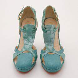 Versace Teal Raffia Croc Stamped Wedge Sandals Size 39.5