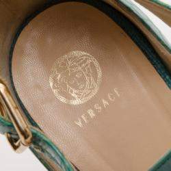 Versace Teal Raffia Croc Stamped Wedge Sandals Size 39.5
