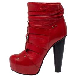 Pre Owned Versace Red  Leather Slip On Ankle Boots Size 39