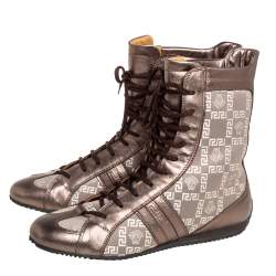 Pre Owned Versace Metallic Bronze Leather And Monogram Fabric High Top Sneakers Size 39