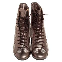 Pre Owned Versace Metallic Bronze Leather And Monogram Fabric High Top Sneakers Size 39