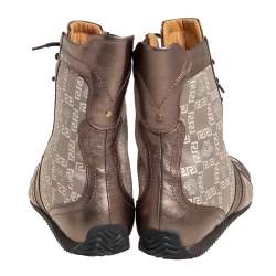 Pre Owned Versace Metallic Bronze Leather And Monogram Fabric High Top Sneakers Size 39