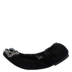 Pre Owned Versace Black Suede Embellished Scrunch Ballet Flats Size 36