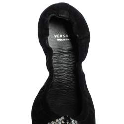 Pre Owned Versace Black Suede Embellished Scrunch Ballet Flats Size 36