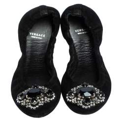 Pre Owned Versace Black Suede Embellished Scrunch Ballet Flats Size 36
