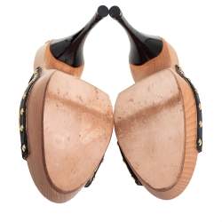 مملوكة مسبقًا Versace Black/Yellow Barocco Printed Leather Clog Platform Sandals Size 36