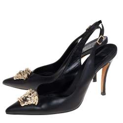 Pre Owned Versace Black Leather Palazzo Medusa Slingback Pumps Size 37.5