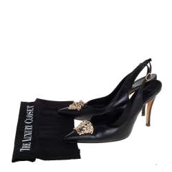 Pre Owned Versace Black Leather Palazzo Medusa Slingback Pumps Size 37.5