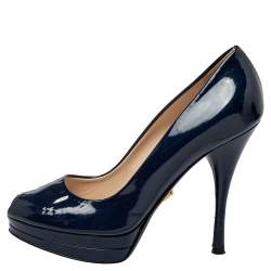 Pre Owned Versace Blue Patent Leather Peep Toe Platform Pumps Size 37