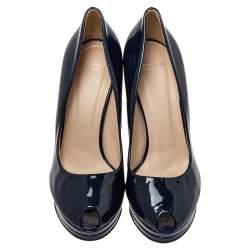 Pre Owned Versace Blue Patent Leather Peep Toe Platform Pumps Size 37