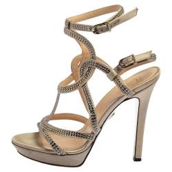 Pre Owned Versace Grey Satin Crystal Embellished  Ankle Strap Sandals Size 37