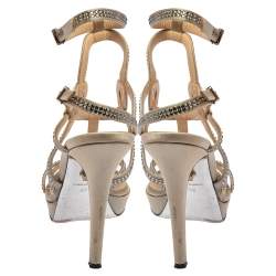 Pre Owned Versace Grey Satin Crystal Embellished  Ankle Strap Sandals Size 37