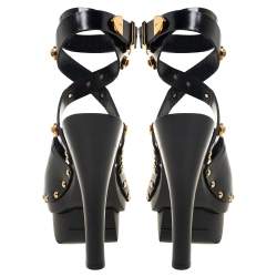 مملوكة مسبقًا Versace Black Leather Medusa Embellished Ankle Wrap Platform Sandals Size 37