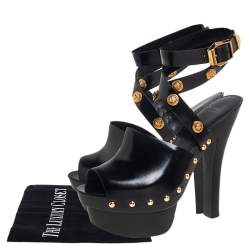 مملوكة مسبقًا Versace Black Leather Medusa Embellished Ankle Wrap Platform Sandals Size 37