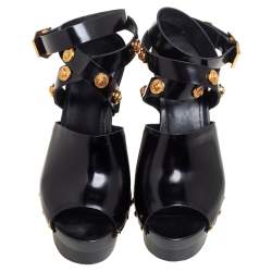 مملوكة مسبقًا Versace Black Leather Medusa Embellished Ankle Wrap Platform Sandals Size 37