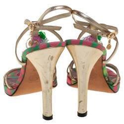 Pre Owned Versace Metallic Gold Leather Flower Detail T-Strap Sandals Size 38.5