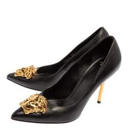 Pre Owned Versace Black Leather Medusa Embellished Pointed Toe Pumps Size 36
