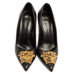 Pre Owned Versace Black Leather Medusa Embellished Pointed Toe Pumps Size 36