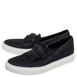 Pre Owned Versace Black Glitter Medusa Slip On Sneakers Size 38