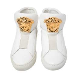 مملوكة مسبقًا Versace White Leather Medusa Slip On High Top Sneakers Size 36