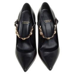 Pre Owned Versace Black Leather Medusa Embellished Mary Jane Pumps Size 37