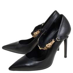 Pre Owned Versace Black Leather Medusa Embellished Mary Jane Pumps Size 37