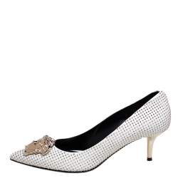 Pre Owned Versace White/Gold Leather Studded Medusa Pumps Size 39