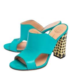 Pre Owned حذاء سلايد فرساتشي جلد تركواز مقدمة مفتوحة مقاس 38