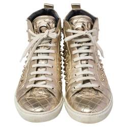 Pre Owned Versace Gold Leather Studded High Top Sneakers Size 39