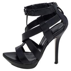 Versace Black Leather T Strappy  Platform Sandals Size 37.5