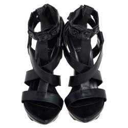 Versace Black Leather T Strappy  Platform Sandals Size 37.5