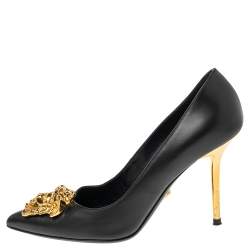 Pre Owned Versace Black Leather Medusa Pointed Toe Pumps Size 37.5
