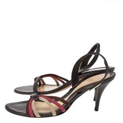 Versace Brown Leather And Fabric Slingback Sandals Size 39