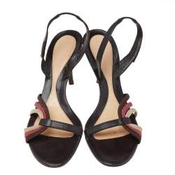 Versace Brown Leather And Fabric Slingback Sandals Size 39